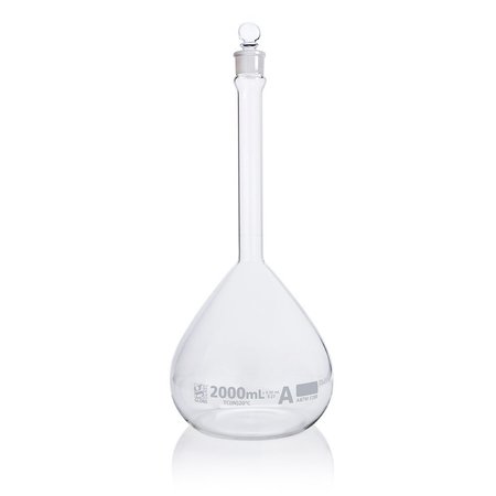 GLOBE SCIENTIFIC Flask, Volumetric , Globe Glass, 2000mL, Class A, To Contain (TC), ASTM E288, 1/Box 8202000